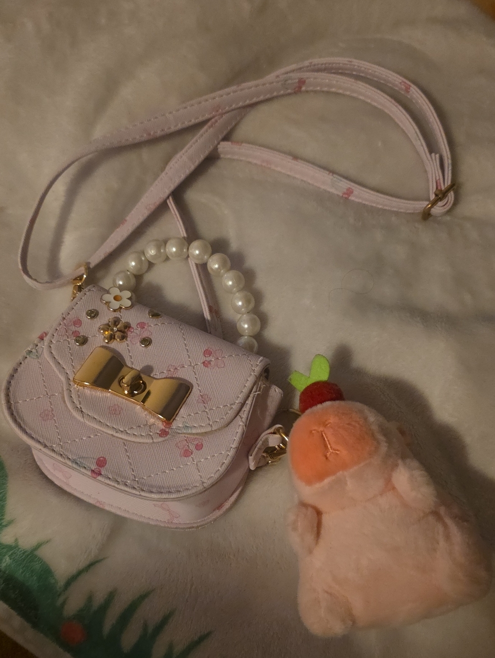Rainbow Pink Quilted Kids Crossbody Purse with Pearl Handle and Plush Charm